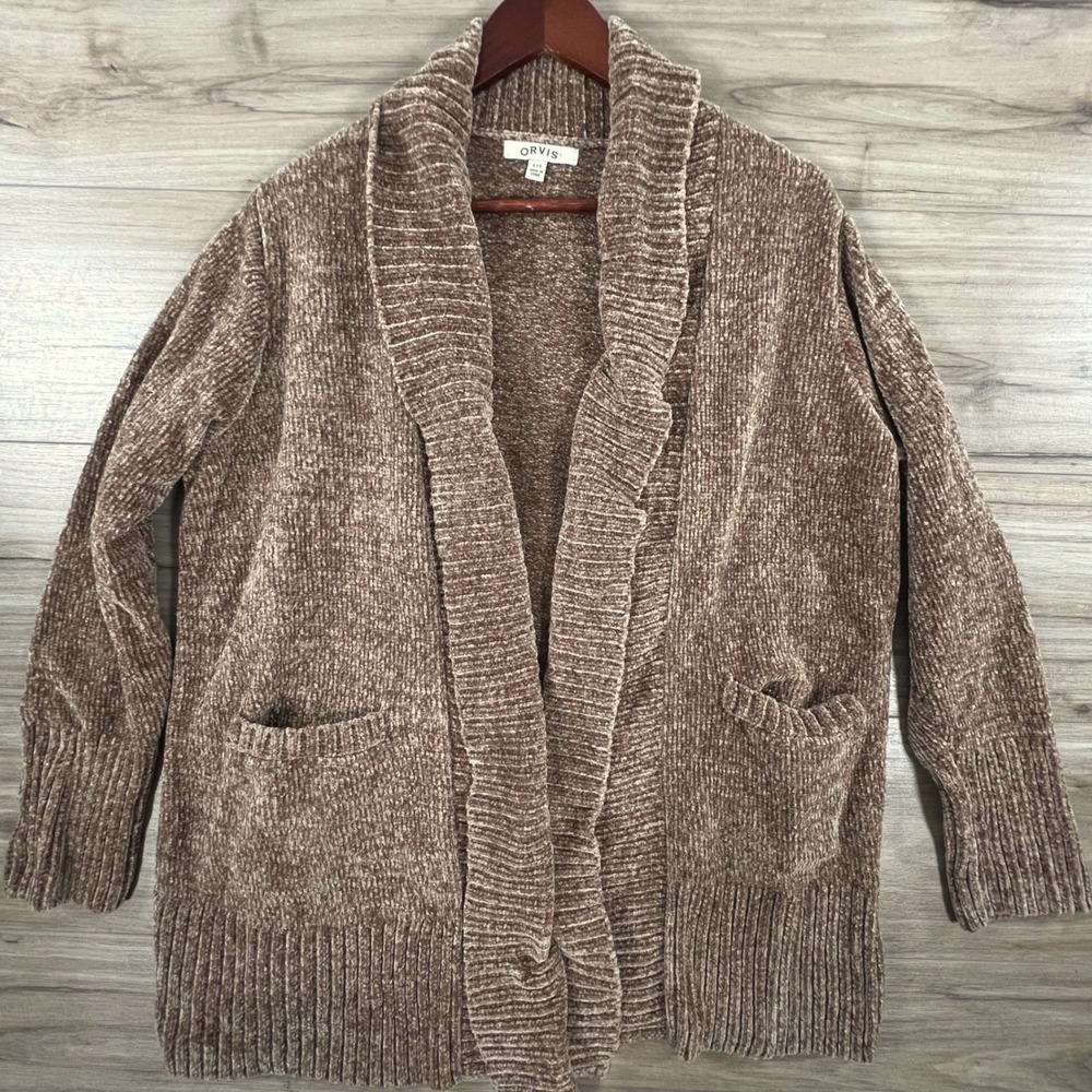 Orvis Brown Chenille Cardigan Sweater Shawl Collar Open Front Pockets Large